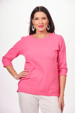 Front image of lulu b 3/4 sleeve scoop neck top with pocket. Hot pink one pocket top. 