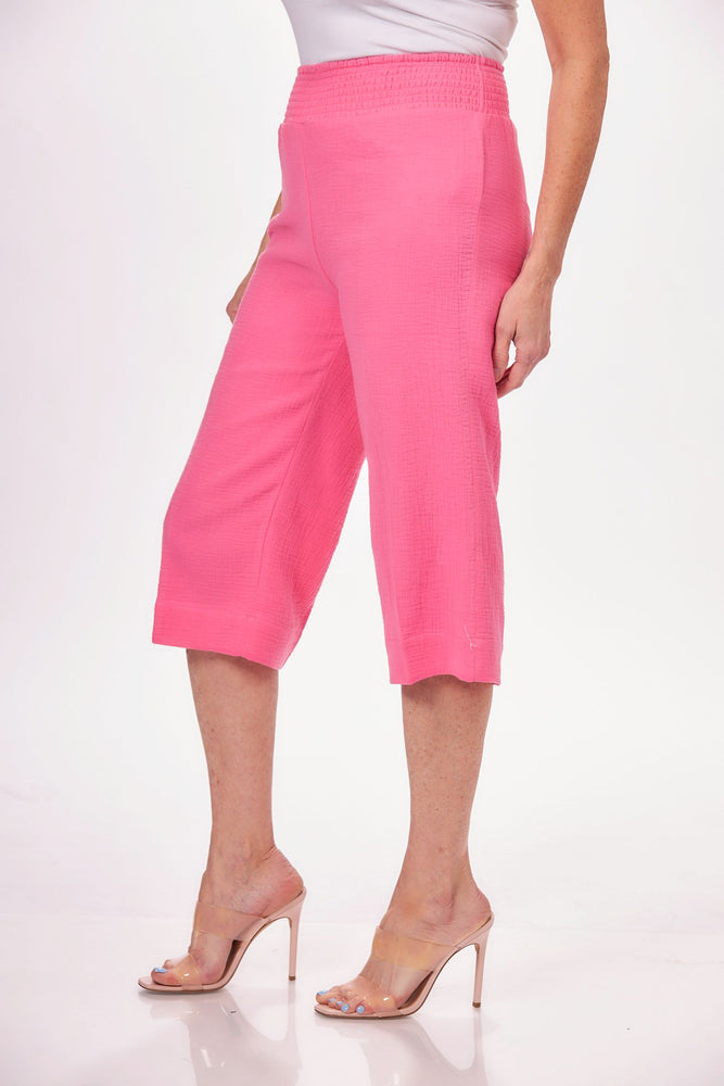 Side image of lulu b pull on culotte. Hot pink pull on capri. 