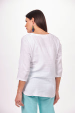 Back image of Lulu B 3/4 sleeve scoop neck top. White cotton top. 