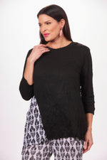 Front image of Shana round neck one pocket top. Black and white printed crinkle top. 