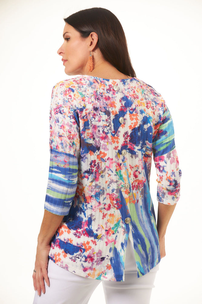 Back image of Cubism 3/4 sleeve back button top. 3/4 sleeve multi color scoop neck top. 