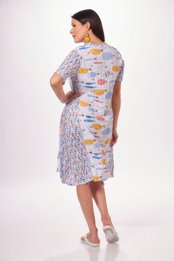 Back image of Shana short sleeve v-neck crinkle dress. Multi fish print dress.  
