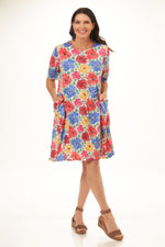 Front image of Shana 1/2 sleeve crinkle midi dress. Multi flowers crinkle dress. 