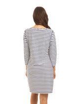 Back image of Cabana Life cabana shift dress. 3/4 sleeve in essentials navy and white stripe. 