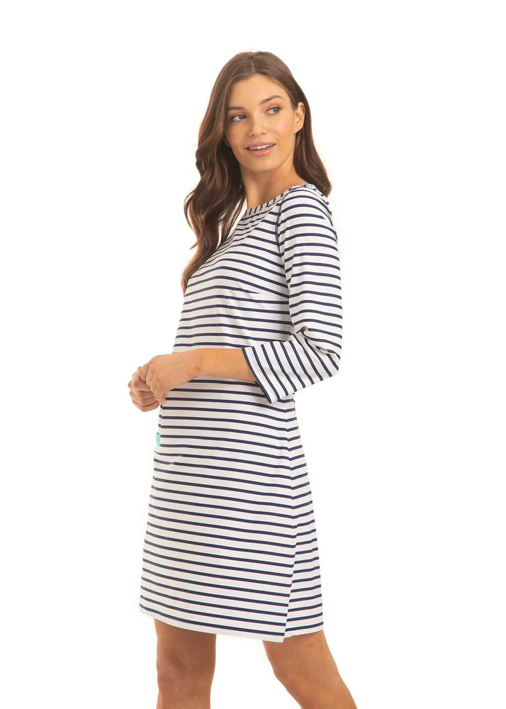 Front image of Cabana Life cabana shift dress. 3/4 sleeve in essentials navy and white stripe. 