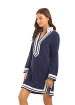 Back image of cabana life terry tunic. Navy blue and white long sleeve beach cover up. 