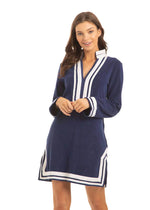 Front image of cabana life terry tunic. Navy blue and white long sleeve beach cover up. 