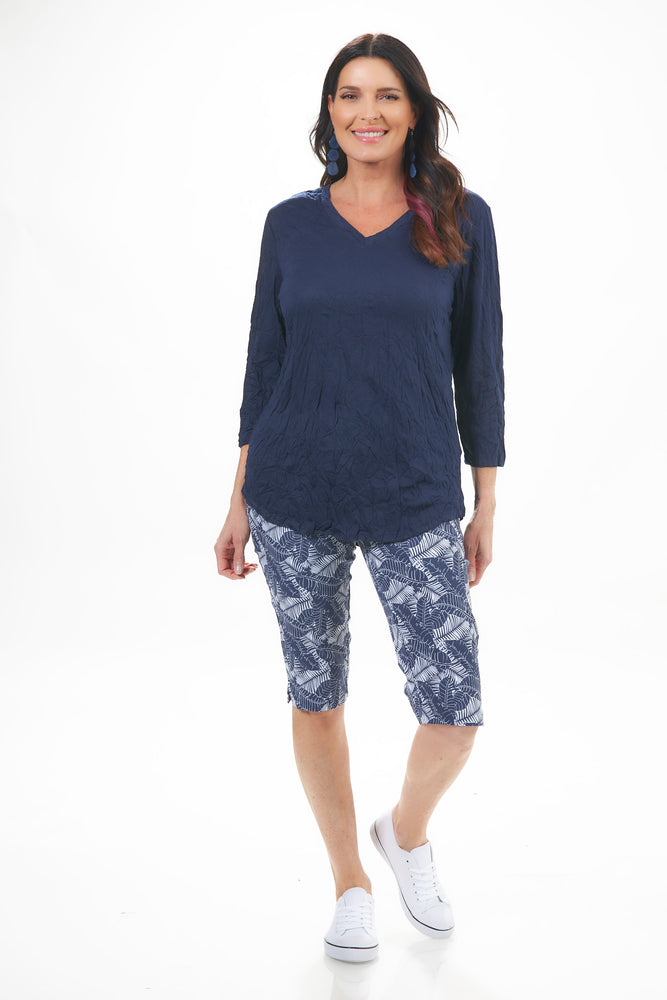 Outfit view of shana navy crinkle top. Half sleeve v neck crinkle top. 