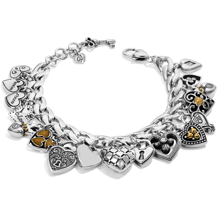 Front image of Brighton one heart charm bracelet. Brighton silver charm bracelet. 