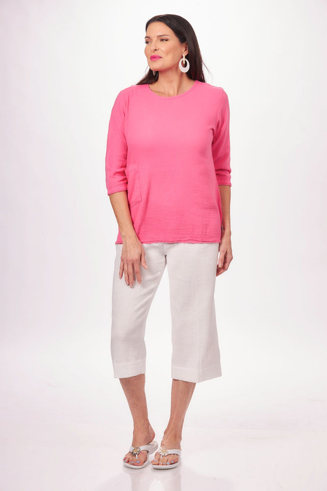 Front image of lulu b 3/4 sleeve scoop neck top with pocket. Hot pink one pocket top. 