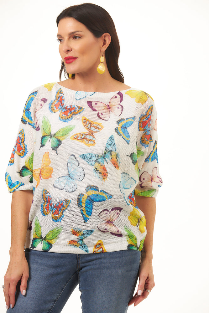 Front image of made in italy butterfly print mesh sweater. One sized sweater. 
