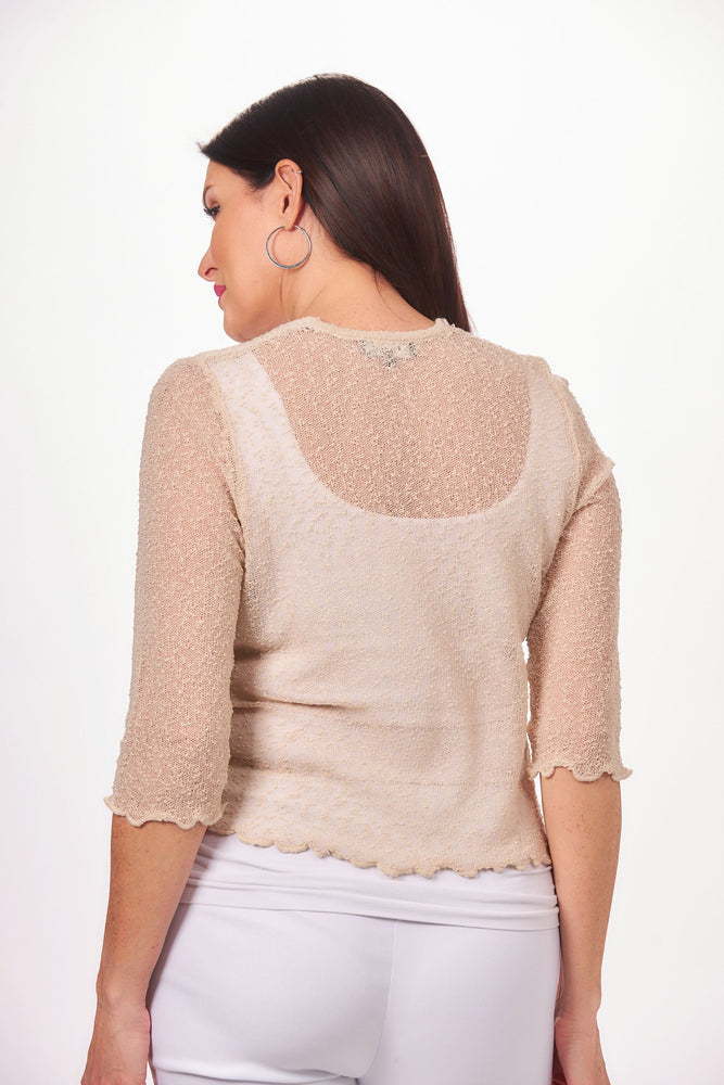 Back image of Papa Fashions 3/4 sleeve knit shrug. Sand color lightweight shrug. 