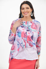 Shana popover top. 3/4 sleeve mesh asymmetrical hem top. 
