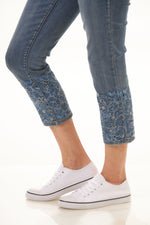 Zoomed image of Tribal audrey pull on slim capri with cutout. Blue jay color with cutout detail. 