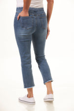 Back image of Tribal pull on denim audrey straight crop jean. 