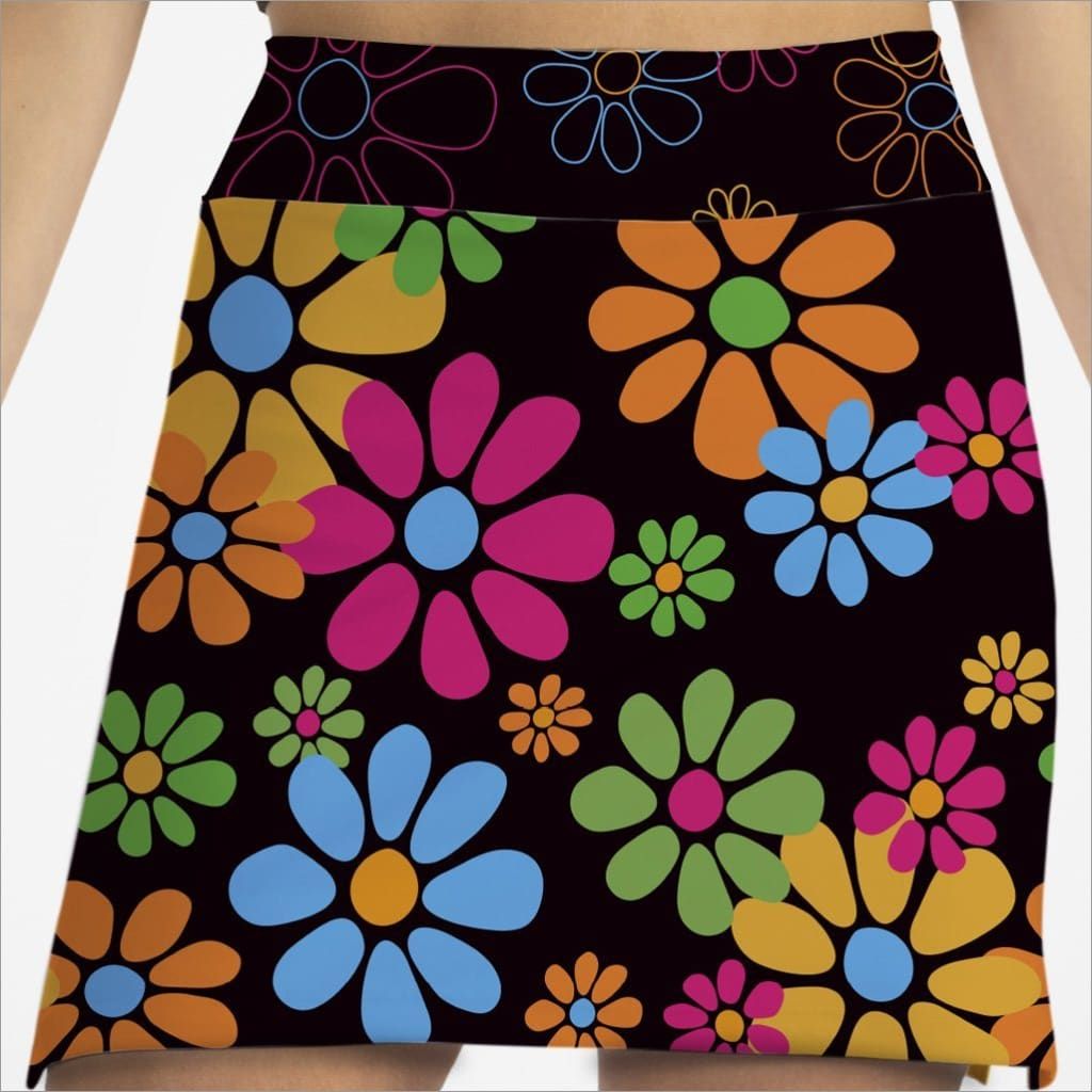 Front image of skort obsession night daisies skort. Pull on floral printed skort. 