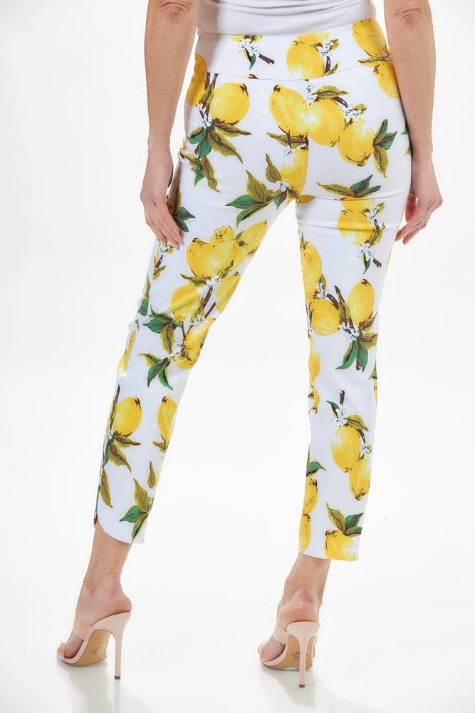 Back image of up! white and yellow pull on pants. Techo slim pant petal trim in lemon print. 