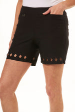 Front image of Lulu B short with diamond shape cutout. Black pull on basic shorts. 