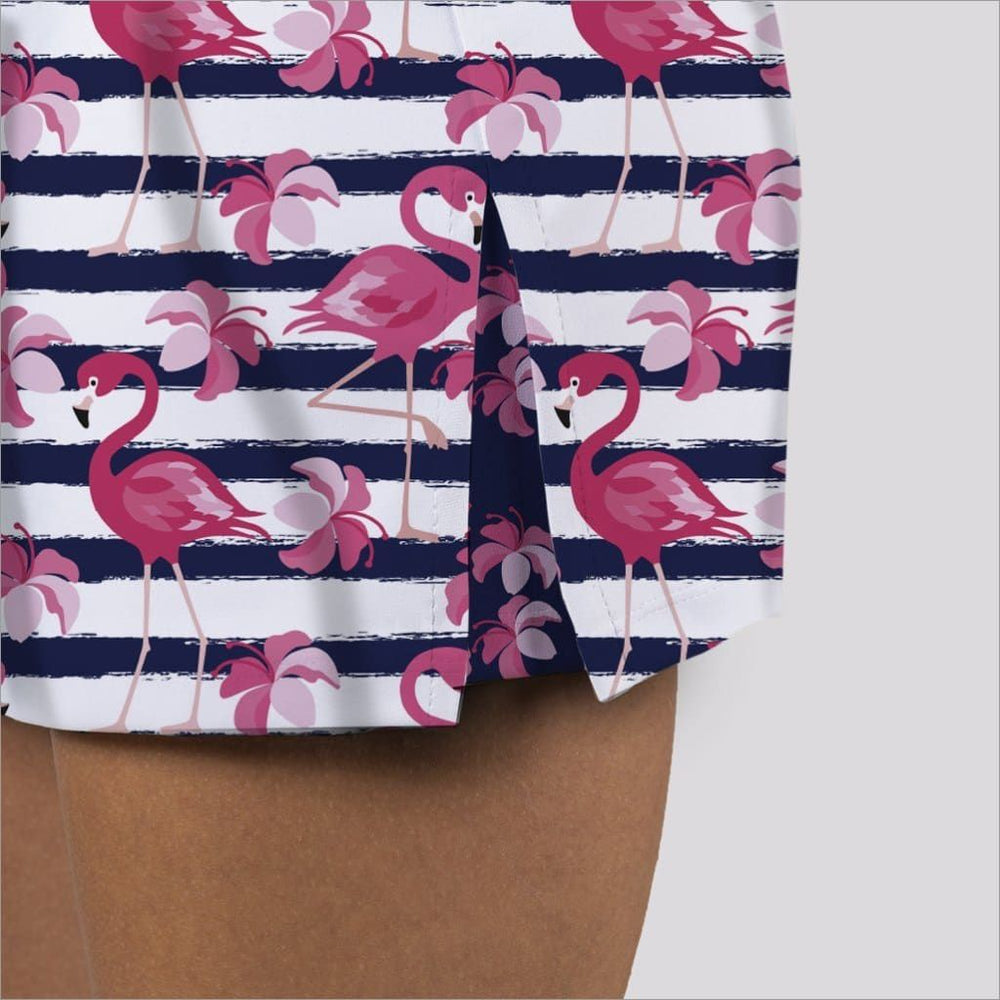 Front detailed image of dancing flamingos pull on skort. Skort obsession skort. 