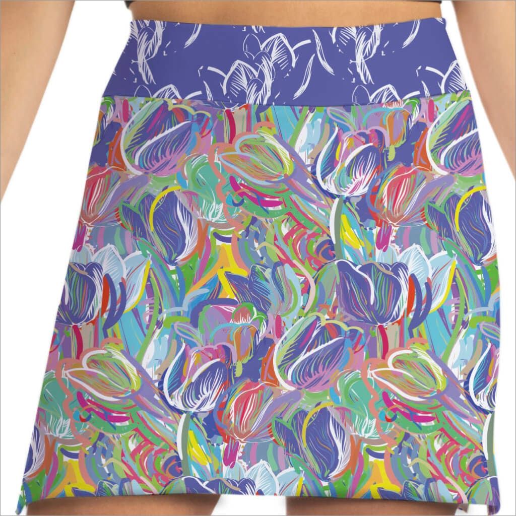 Front image of Skort Obsession pull on spring fling skort. Multicolor printed skort.