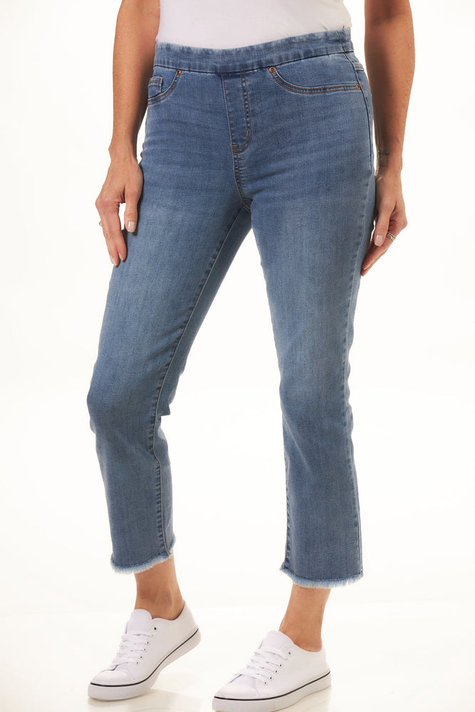 Front image of Tribal pull on denim audrey straight crop jean. 