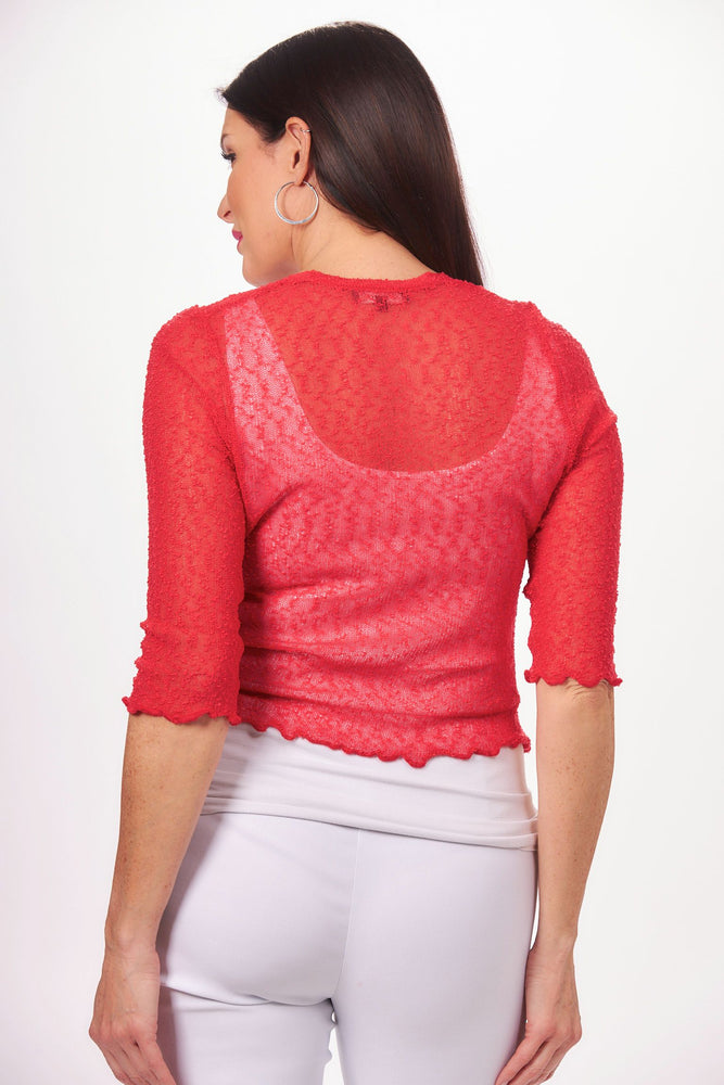 Back image of Papa Fashions 3/4 sleeve knit shrug. Red lightweight shrug. 