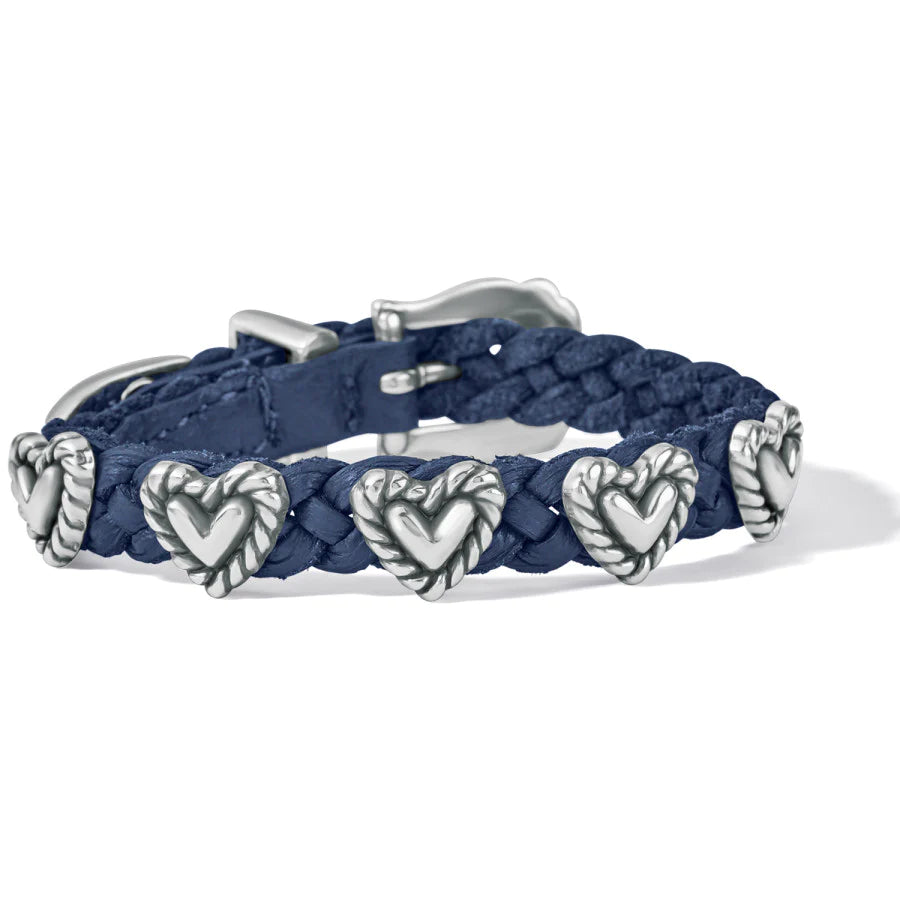Front image of Brighton roped heart braid bandit bracelet. French blue braided bracelet. 