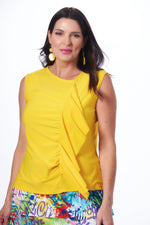 Front image of Fashque yellow ruffle front tank top. Sleeveless tank top. 