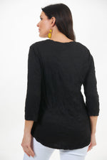 Back view of Shana black crinkle top. V-neck half sleeve crinkle top. 