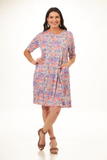 Front image of Shana 1/2 sleeve printed crinkle dress. Purple floral print midi dress. 