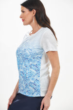 Side view of Fashion Cage fan print top. Short sleeve 3D fan print tee in blue. 