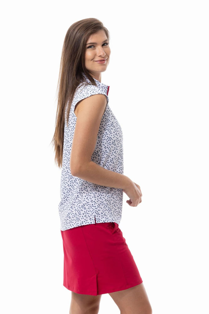 Side image of Sansoleil sweetheart printed sleeveless top. Mock neck zipper top. 