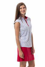 Front image of Sansoleil sweetheart printed sleeveless top. Mock neck zipper top. 
