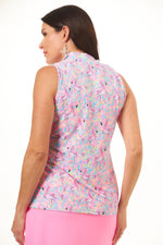 Back image of Lulu B sleeveless zip print tank top. Sleeveless flamingo printed top. 