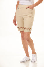 Front image of Lulu B bermuda shorts with diamond cutout detail. Stone color pullon shorts. 