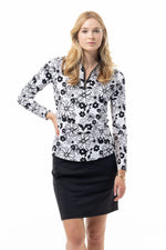 Front image of SanSoleil black and white sundance long sleeve top. 