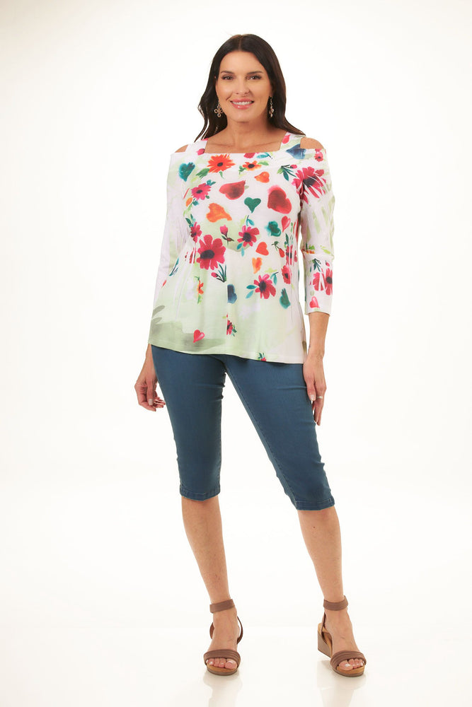 Front image of sweet dreams printed cold shoulder tunic. 3/4 sleeve top. 