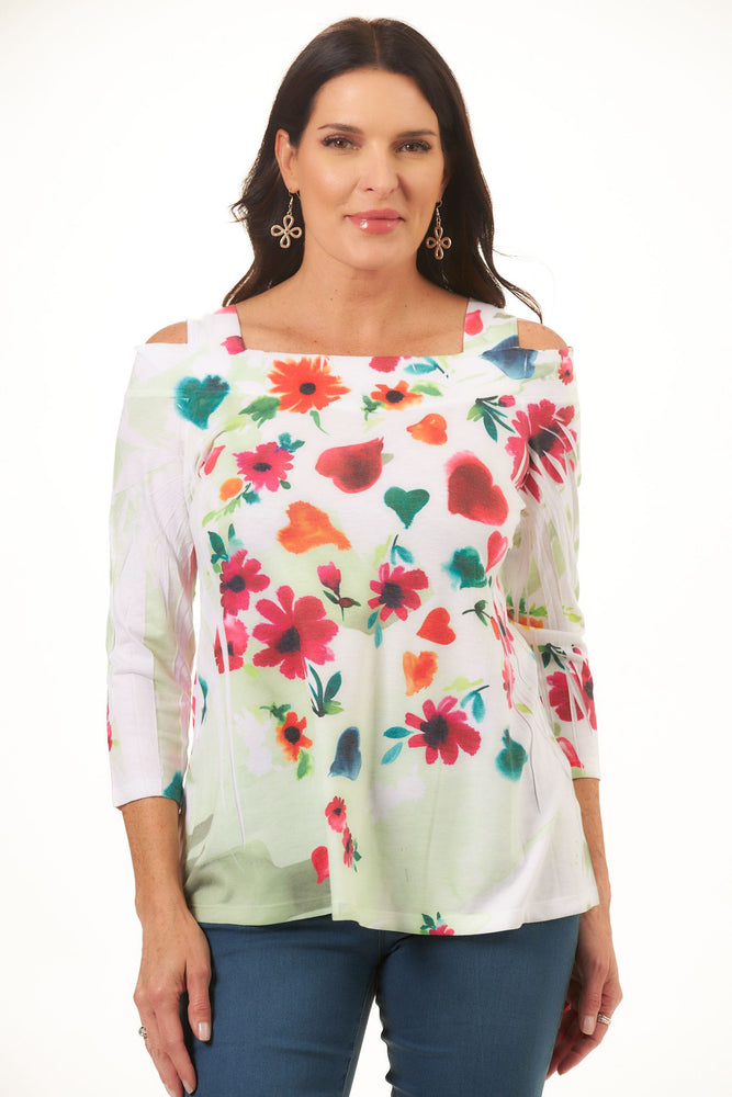 Front image of sweet dreams printed cold shoulder tunic. 3/4 sleeve top. 