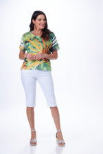 Front image of short sleeve palm printed top. Made in the USA short sleeve top. 