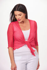 Front image of papa fashions 3/4 sleeve knit shrug. Magenta pink lightweight shrug. 