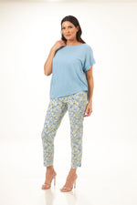 Front outfit image of Up! pull on techno pants. Speckles print yellow and blue. 
