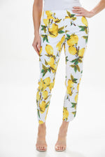 Front image of up! white and yellow pull on pants. Techo slim pant petal trim in lemon print. 