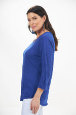 Side view of Shana crinkle basic top. Royal blue. Half Sleeve v neck Crinkle Top