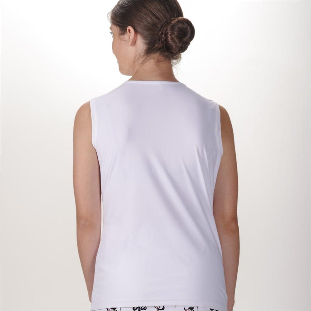 Back image of Skort Obsession sleeveless crew neck top. White basic tank top. 