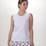 Front image of Skort Obsession sleeveless crew neck top. White basic tank top. 