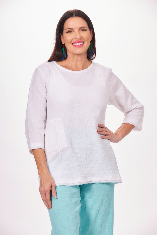 Front image of Lulu B scoop neck top with pocket. White classic tunic top. 