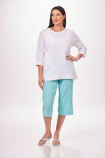 Front image of Lulu B scoop neck top with pocket. White classic tunic top. 