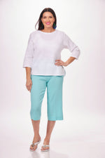 Front image of Lulu B 3/4 sleeve scoop neck top. White cotton top. 