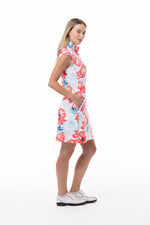 Side image of Sansoeil sleeveless zip mock dress. Garden party printed dress. 