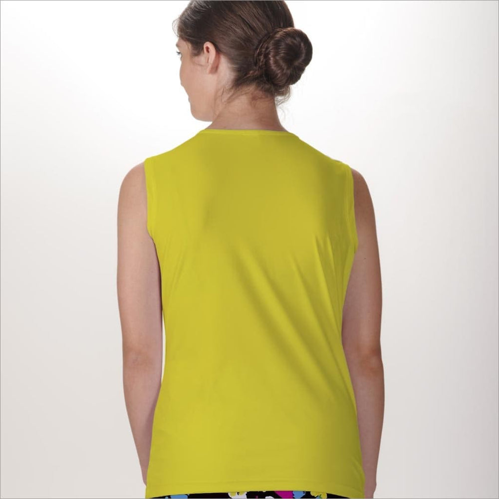 Back image of Skort Obsession sleeveless crew neck top. Yellow basic tank top. 